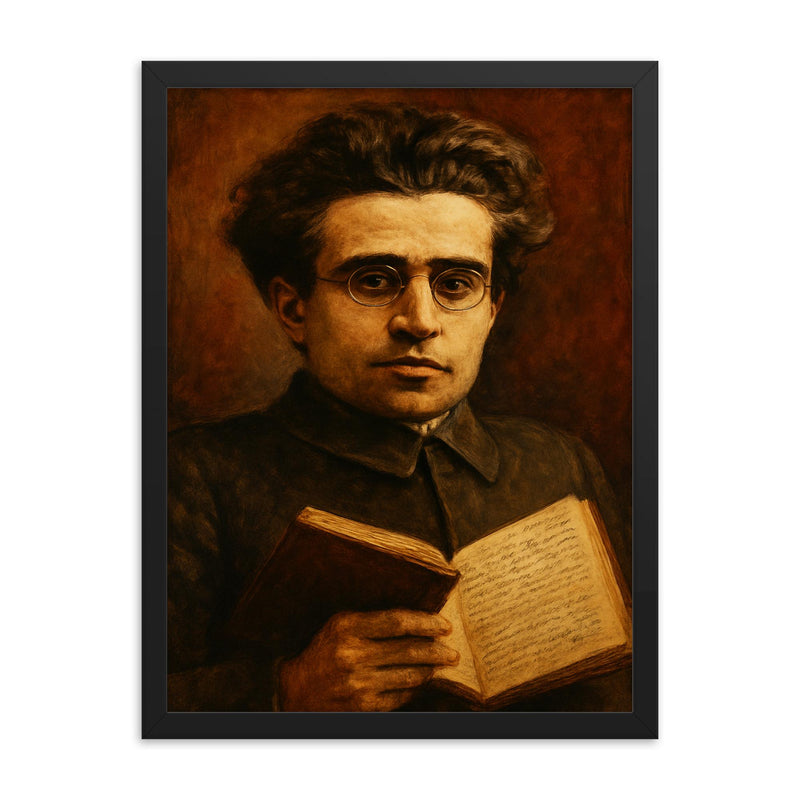 Antonio Gramsci prison notebook close up portrait framed print on a plain backdrop in size 18