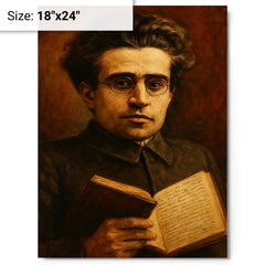 Antonio Gramsci prison notebook close up portrait metal print on a plain backdrop in size 18"x24".