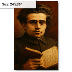 Antonio Gramsci prison notebook close up portrait metal print on a plain backdrop in size 24"x36".