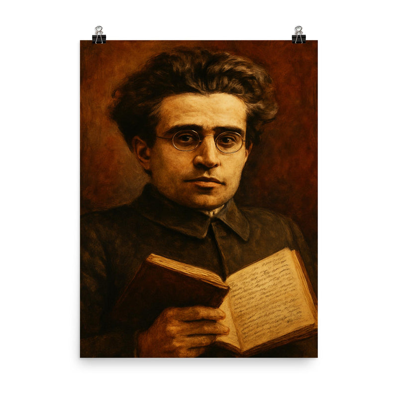 Antonio Gramsci prison notebook close up portrait poster on a plain backdrop in size 8