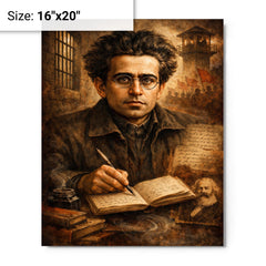 Antonio Gramsci prison notebook portrait metal print on a plain backdrop in size 16"x20".
