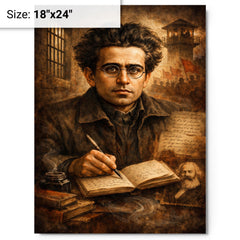 Antonio Gramsci prison notebook portrait metal print on a plain backdrop in size 18"x24".