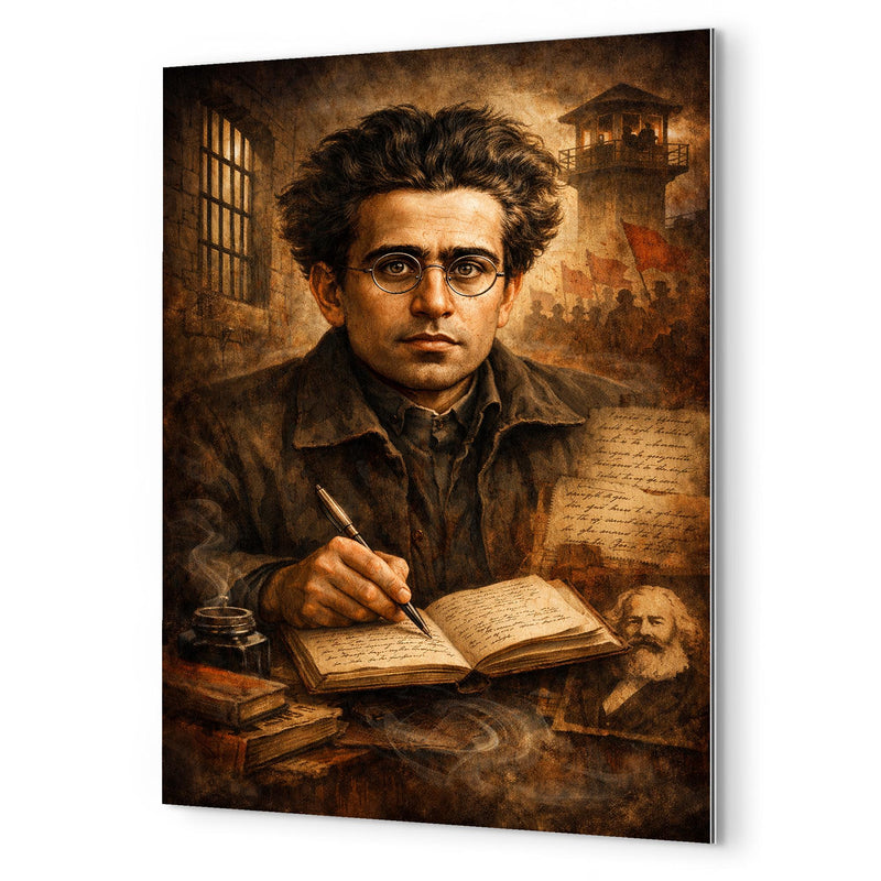 Antonio Gramsci prison notebook portrait metal print mockup
