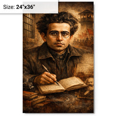 Antonio Gramsci prison notebook portrait metal print on a plain backdrop in size 24"x36".