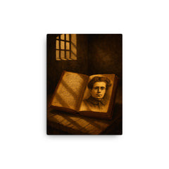 Antonio Gramsci prison notebooks and barred light canvas print on a plain backdrop in size 12"x16".