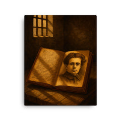Antonio Gramsci prison notebooks and barred light canvas print on a plain backdrop in size 16"x20".