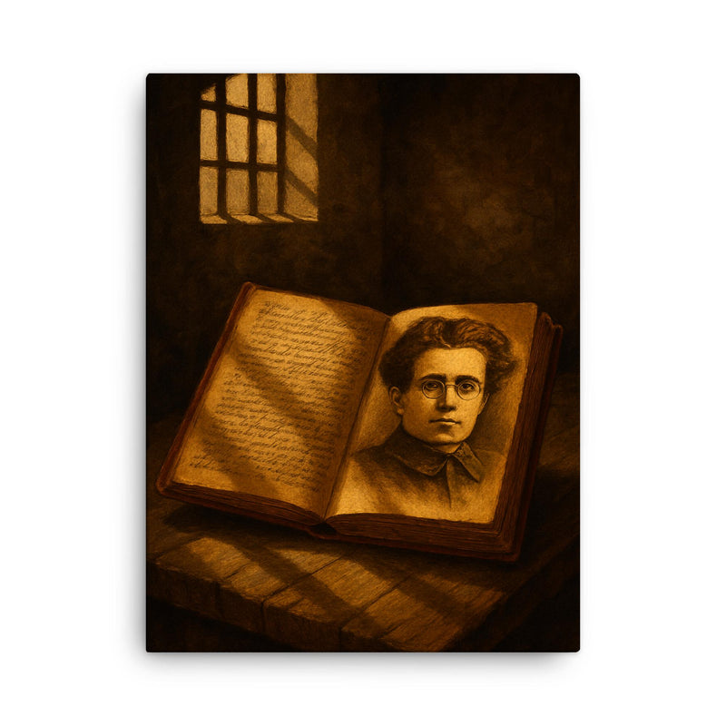 Antonio Gramsci prison notebooks and barred light canvas print on a plain backdrop in size 18