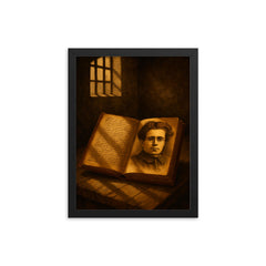 Antonio Gramsci prison notebooks and barred light framed print on a plain backdrop in size 12"x16".