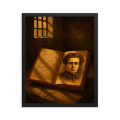 Antonio Gramsci prison notebooks and barred light framed print on a plain backdrop in size 16"x20".