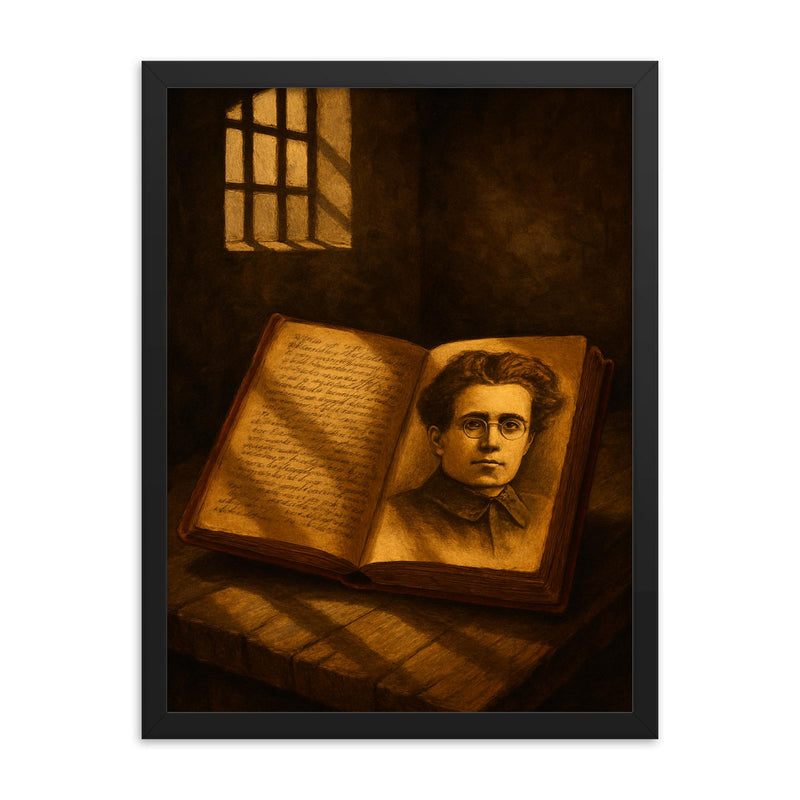 Antonio Gramsci prison notebooks and barred light framed print on a plain backdrop in size 18