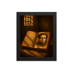 Antonio Gramsci prison notebooks and barred light framed print on a plain backdrop in size 8"x10".