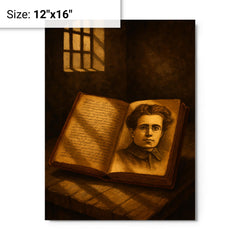 Antonio Gramsci prison notebooks and barred light metal print on a plain backdrop in size 12"x16".