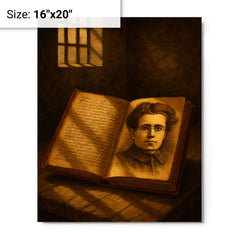 Antonio Gramsci prison notebooks and barred light metal print on a plain backdrop in size 16"x20".