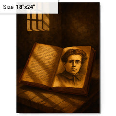 Antonio Gramsci prison notebooks and barred light metal print on a plain backdrop in size 18"x24".