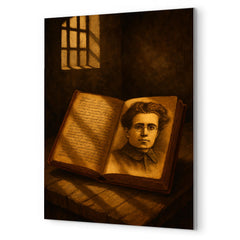 Antonio Gramsci prison notebooks and barred light metal print mockup