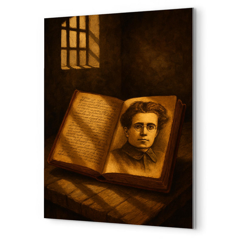 Antonio Gramsci prison notebooks and barred light metal print mockup