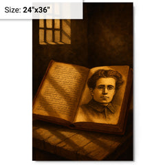 Antonio Gramsci prison notebooks and barred light metal print on a plain backdrop in size 24"x36".