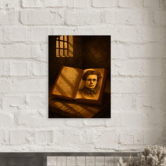 Antonio Gramsci prison notebooks and barred light metal print mockup
