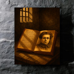 Antonio Gramsci prison notebooks and barred light metal print mockup