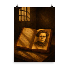 Antonio Gramsci prison notebooks and barred light poster on a plain backdrop in size 8"x10".