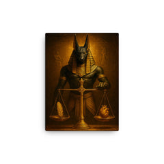 Anubis overseeing feather weighing in funerary gold canvas print on a plain backdrop in size 12"x16".