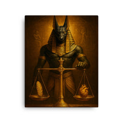 Anubis overseeing feather weighing in funerary gold canvas print on a plain backdrop in size 16"x20".
