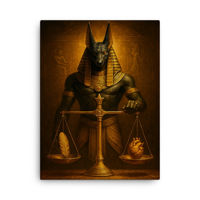 Anubis overseeing feather weighing in funerary gold canvas print on a plain backdrop in size 18
