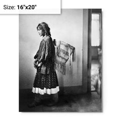 Apache girl with basket metal print on a plain backdrop in size 16"x20".