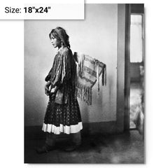 Apache girl with basket metal print on a plain backdrop in size 18"x24".