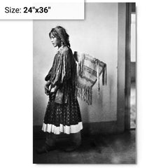 Apache girl with basket metal print on a plain backdrop in size 24"x36".