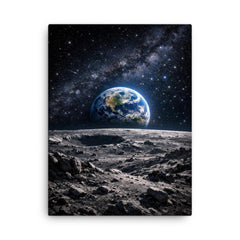 Apollo 8 Earthrise over lunar desolation canvas print on a plain backdrop in size 18"x24".