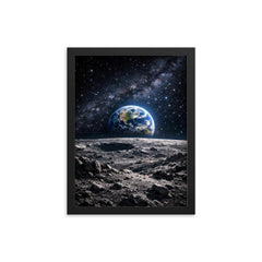 Apollo 8 Earthrise over lunar desolation framed print on a plain backdrop in size 12"x16".