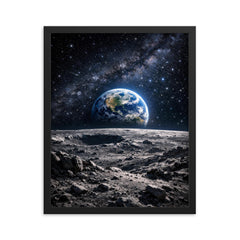 Apollo 8 Earthrise over lunar desolation framed print on a plain backdrop in size 16"x20".