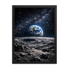 Apollo 8 Earthrise over lunar desolation framed print on a plain backdrop in size 18"x24".