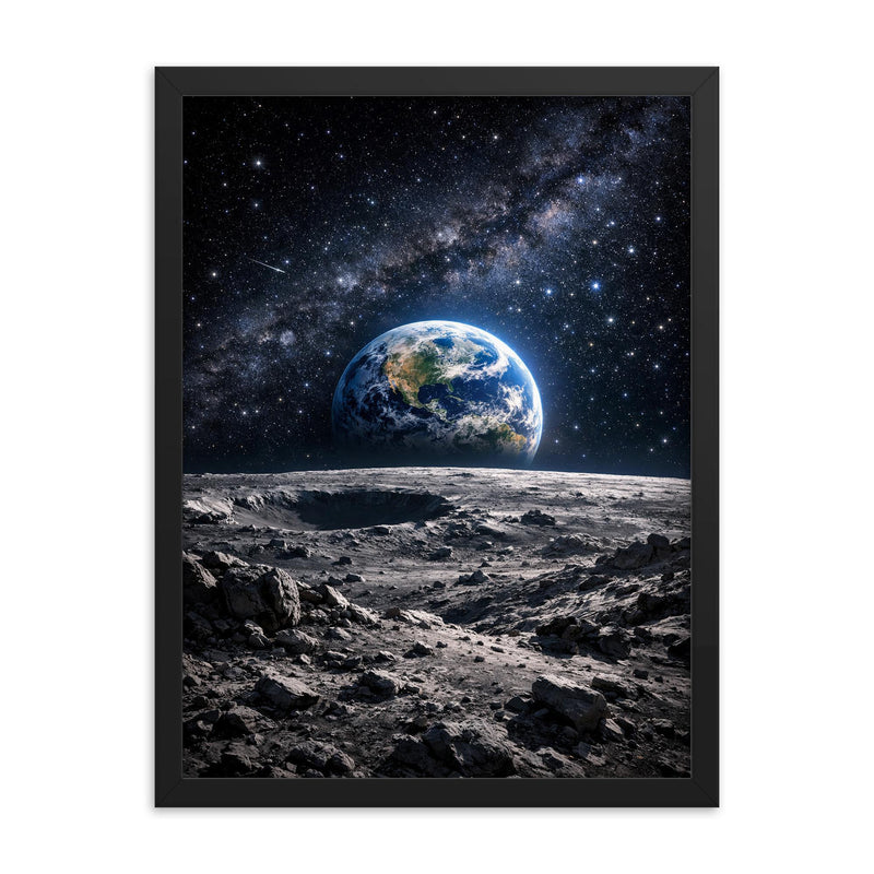 Apollo 8 Earthrise over lunar desolation framed print on a plain backdrop in size 18