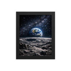 Apollo 8 Earthrise over lunar desolation framed print on a plain backdrop in size 8"x10".