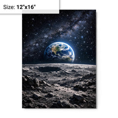 Apollo 8 Earthrise over lunar desolation metal print on a plain backdrop in size 12"x16".