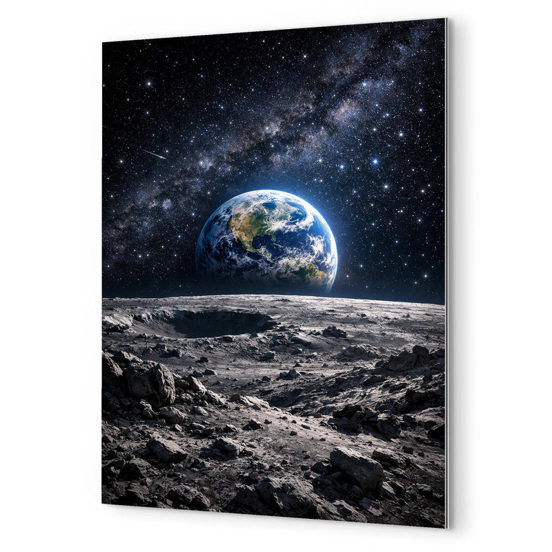 Apollo 8 Earthrise over lunar desolation metal print mockup