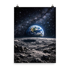 Apollo 8 Earthrise over lunar desolation poster on a plain backdrop in size 8"x10".