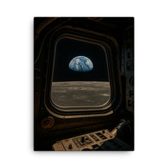 Apollo 8 Earthrise through command module window canvas print on a plain backdrop in size 18"x24".