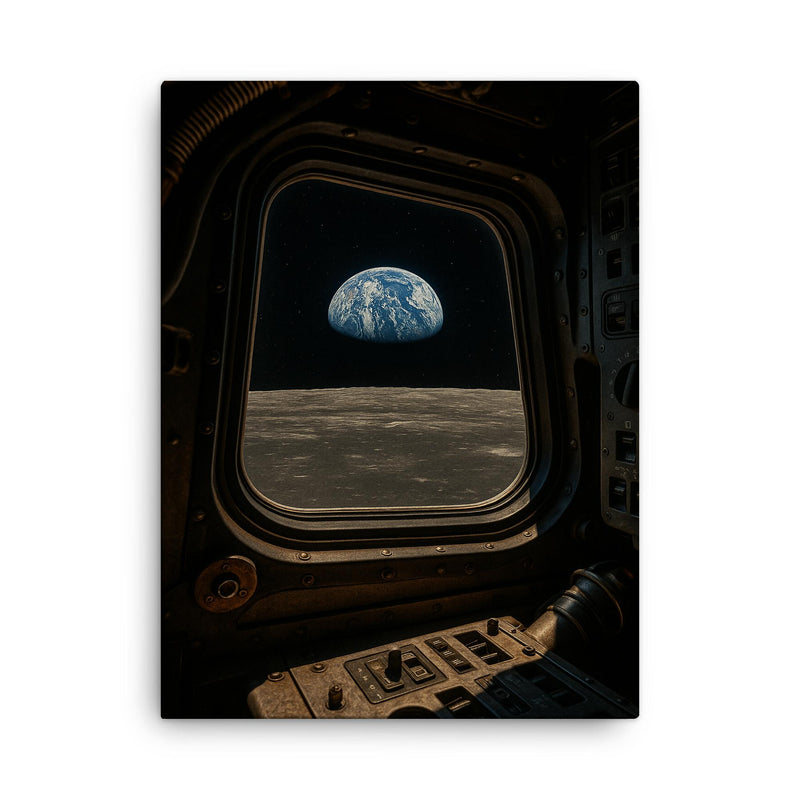 Apollo 8 Earthrise through command module window canvas print on a plain backdrop in size 18