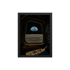 Apollo 8 Earthrise through command module window framed print on a plain backdrop in size 12"x16".