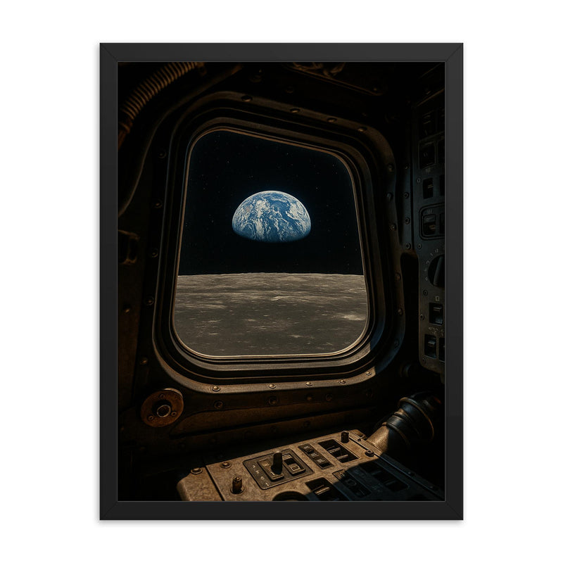 Apollo 8 Earthrise through command module window framed print on a plain backdrop in size 18