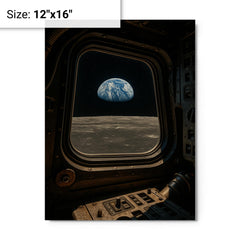 Apollo 8 Earthrise through command module window metal print on a plain backdrop in size 12"x16".