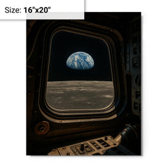 Apollo 8 Earthrise through command module window metal print on a plain backdrop in size 16"x20".