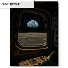 Apollo 8 Earthrise through command module window metal print on a plain backdrop in size 18"x24".