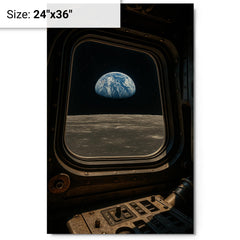 Apollo 8 Earthrise through command module window metal print on a plain backdrop in size 24"x36".