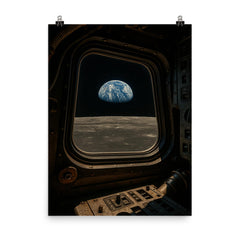 Apollo 8 Earthrise through command module window poster on a plain backdrop in size 8"x10".
