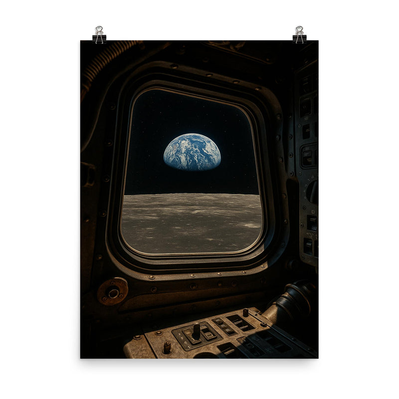 Apollo 8 Earthrise through command module window poster on a plain backdrop in size 8