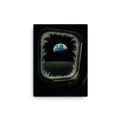 Apollo 8 Earthrise through frost rimmed command window canvas print on a plain backdrop in size 12"x16".